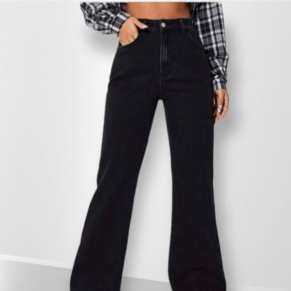 HIGH RISE WIDE LEG FLARE TWO TONE CONTRAST BLACK WHITE CELESTIAL GRUNGE JEANS 90 - Picture 3 of 11